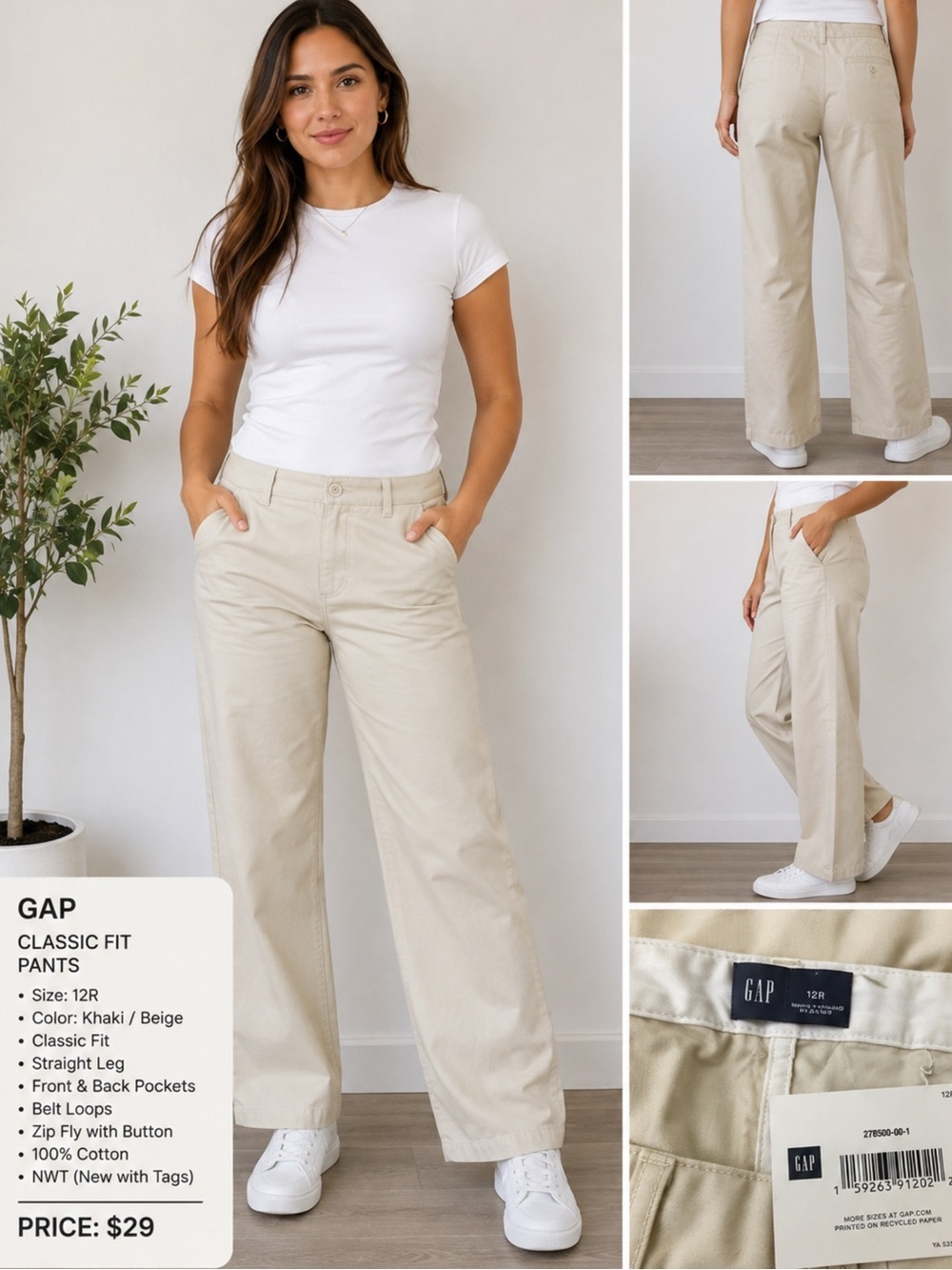 GAP Women’s Classic Fit Khaki Straight Leg Pants Size 12R NWT Beige